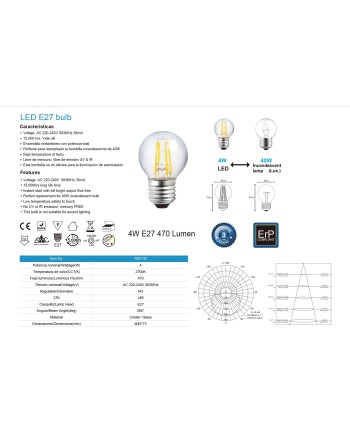 BOMBILLA LED - E27 ESFERICA MINI FILAMENTO - 4W - 2700K - 400Lm -360º